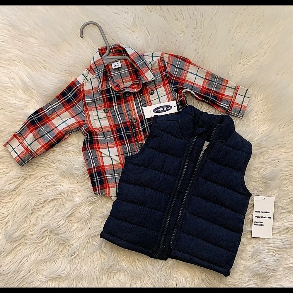 Two Piece Set - Red, white, and blue striped button up with navy blue vest - Picture 2 of 2